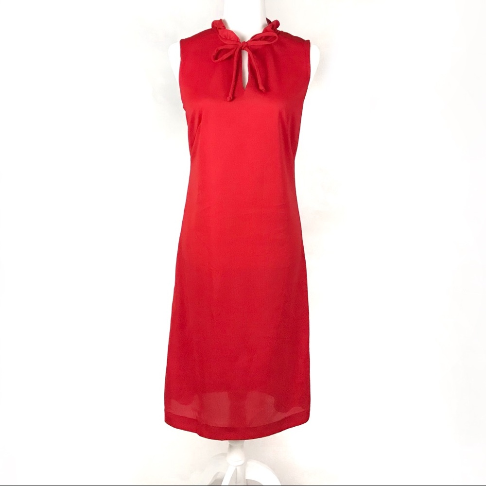 Vintage 1970's red tie neck ruffled dress love witch